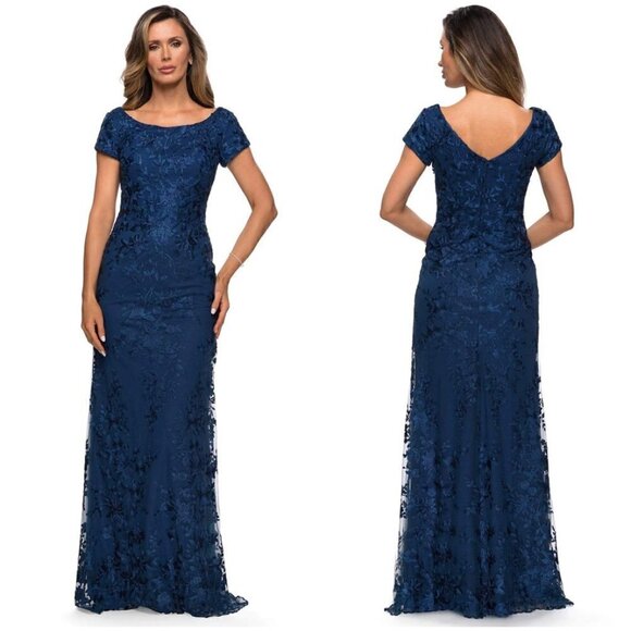 LA FEMME Three Quarter Sleeve Floral Lace Evening Gown in Navy Size US 8 - Picture 1 of 8